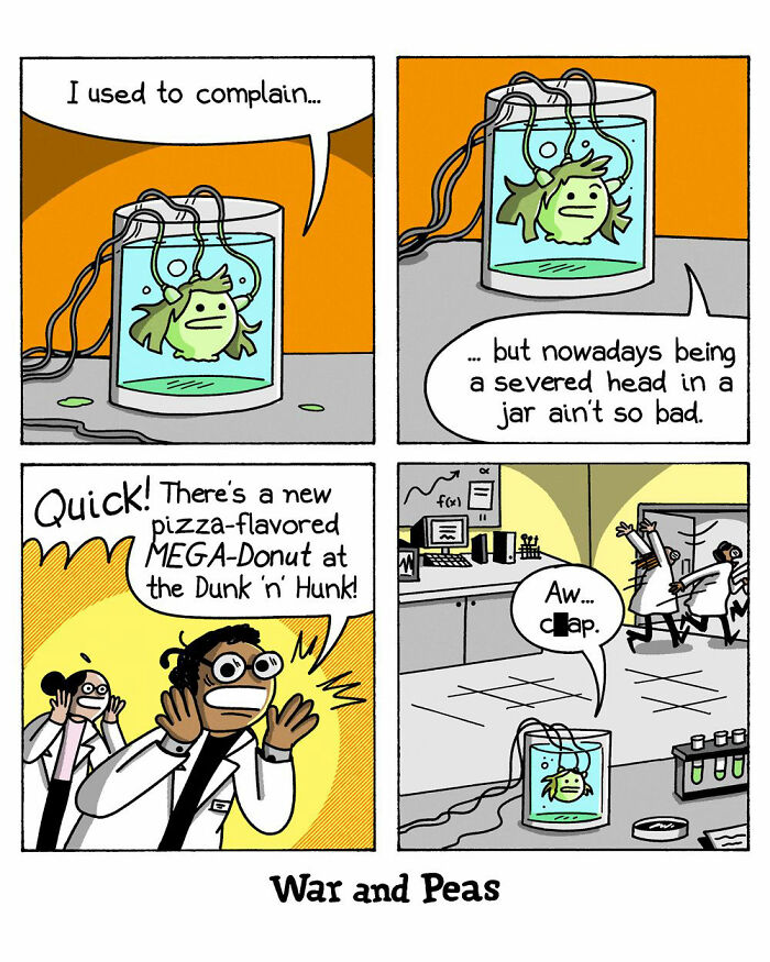 War and Peas comic strip featuring a severed fish head in a jar with dark and absurd humor in a lab setting.