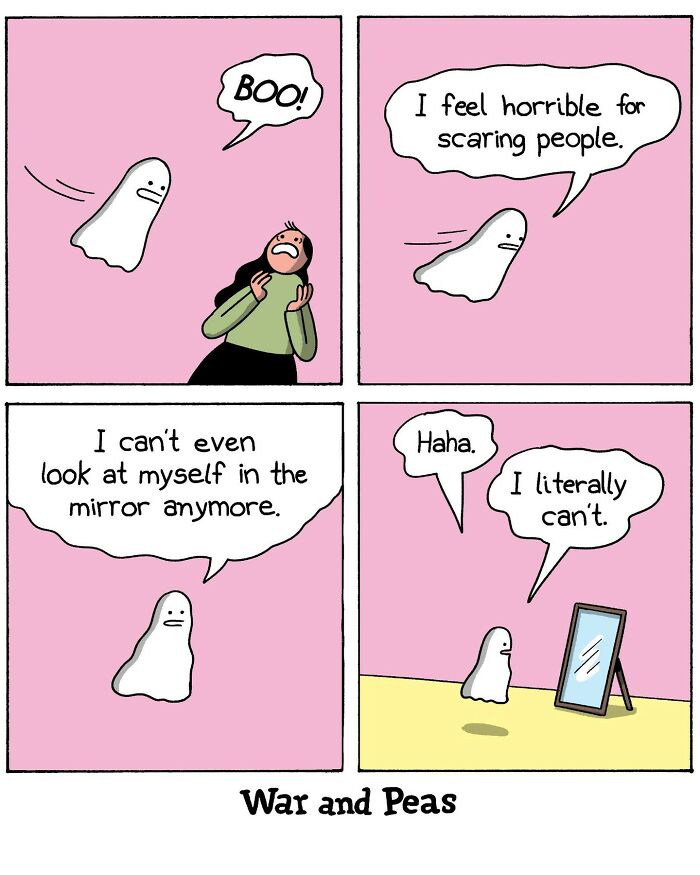 Dark and absurd War and Peas comic strip featuring a ghost struggling with scaring people and self-reflection humor.