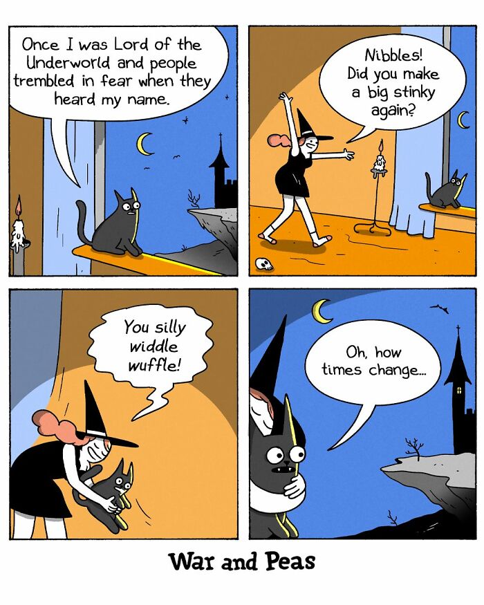 War and Peas comic showing a witch and cat in a dark, absurd, and funny scene with changing times at night.