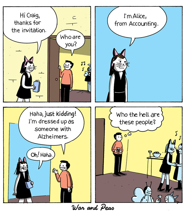 War and Peas comic featuring dark and absurd humor with characters dressed for a party in a simple cartoon style.