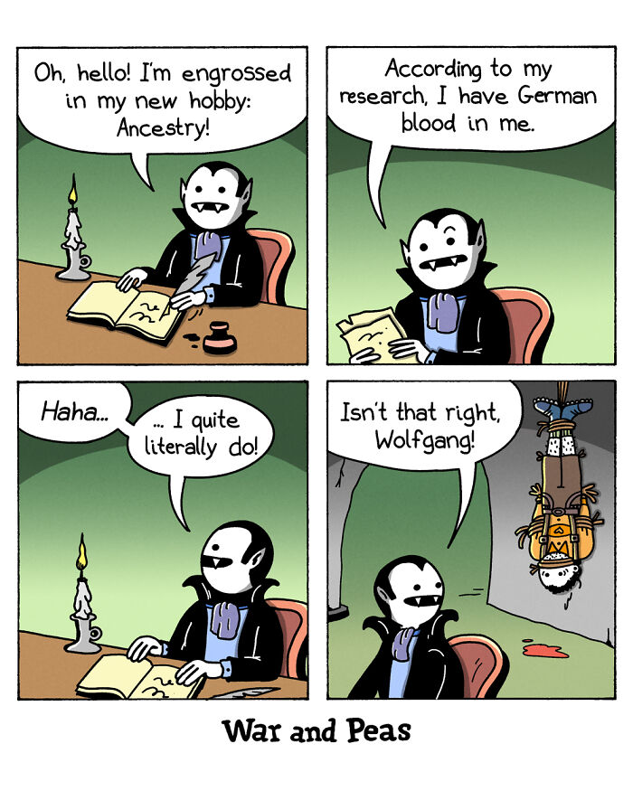 Dark and absurd War and Peas comic showing a vampire humorously discussing ancestry with a captive Wolfgang.
