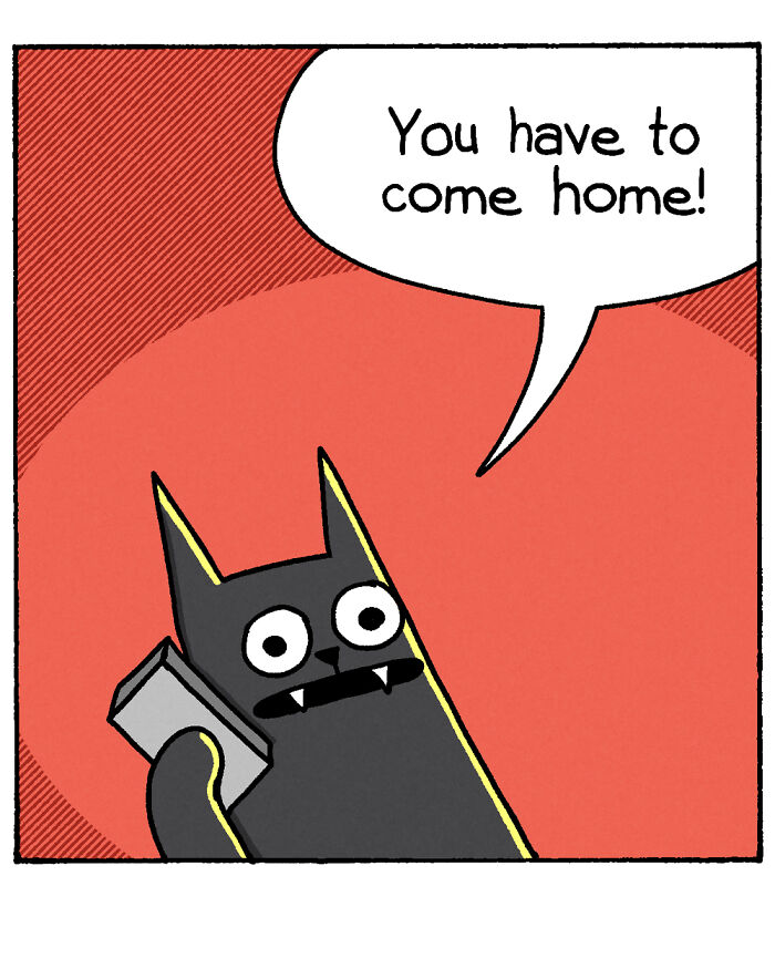 War and Peas comic panel with a cartoon cat holding a phone saying you have to come home in a red background.