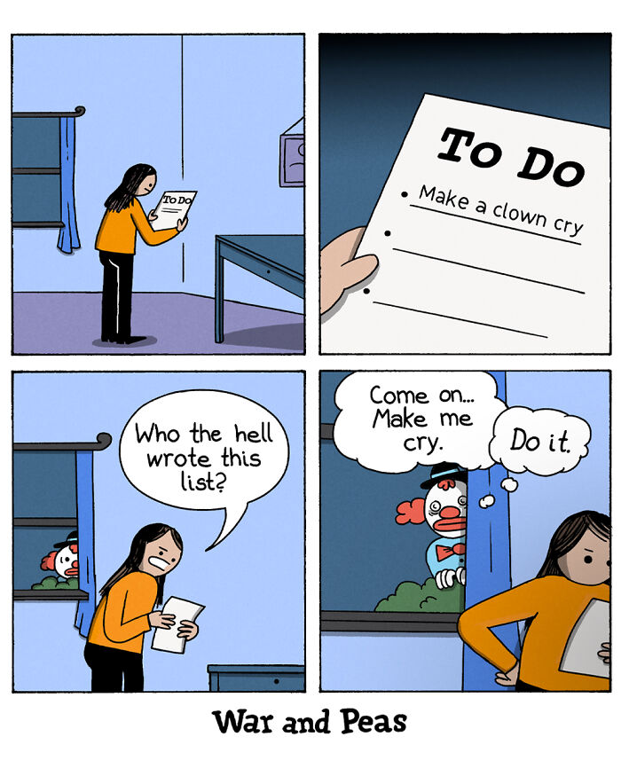 War and Peas comic strip showing dark, absurd humor with a clown trying to make a person cry from a to-do list.