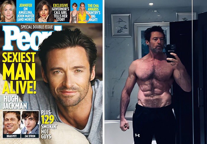 Hugh Jackman featured as Sexiest Man Alive winner with muscular shirtless selfie showing fitness and confidence.