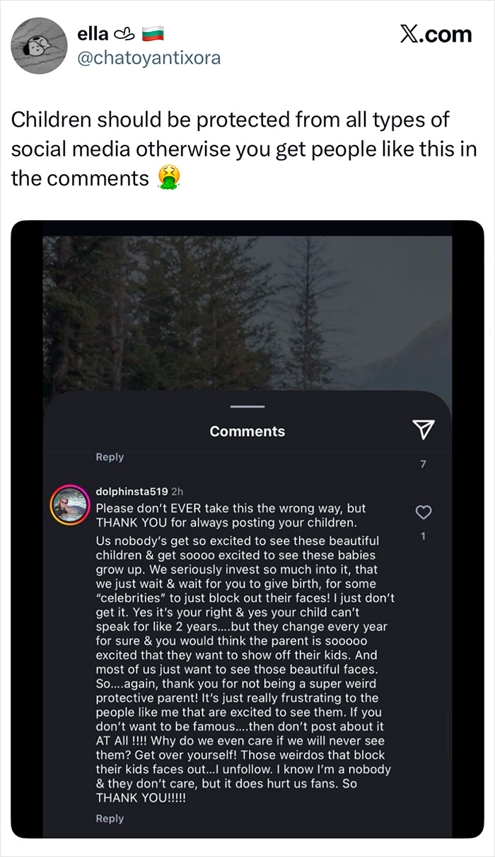 Social media comment discussing why parents should not post about their children online to protect their privacy. Social media comment discussing why parents should not post about their children online to protect their privacy.