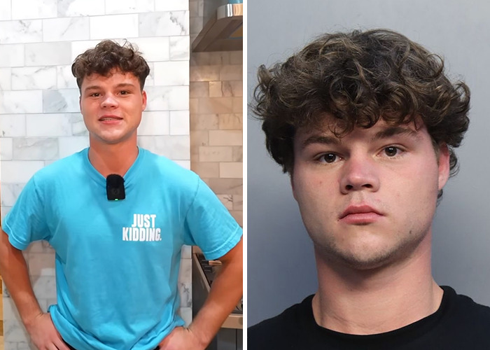 Young man in a blue shirt and his mugshot illustrating 15 celebrities who were arrested in 2025 and why.