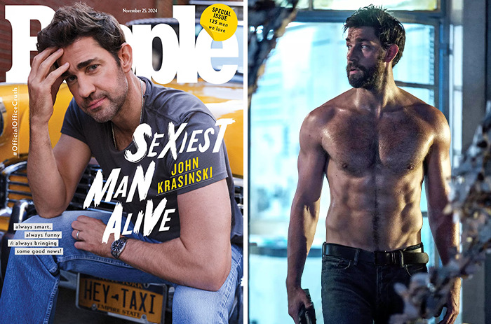 John Krasinski featured as one of People’s sexiest man alive winners, showcasing casual and muscular looks in two images.