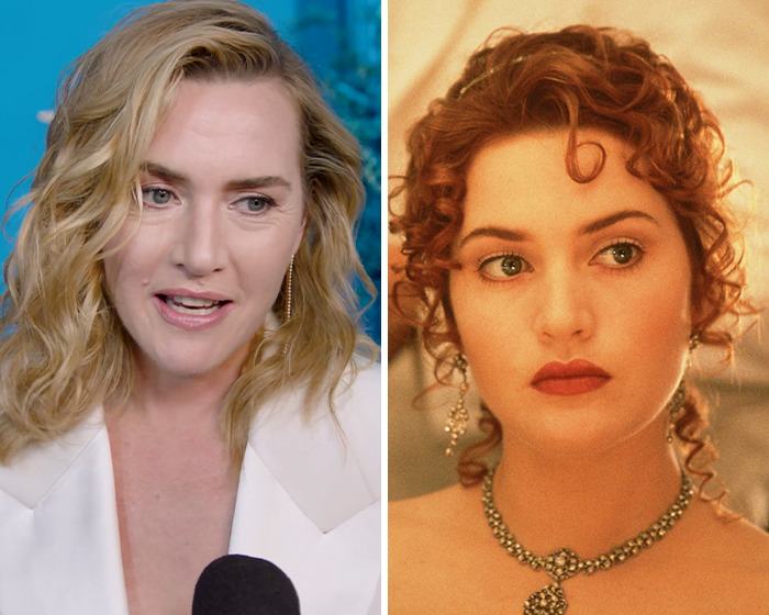 Kate Winslet speaking in an interview, side-by-side with her in a movie scene, highlighting celebrity movie confessions.