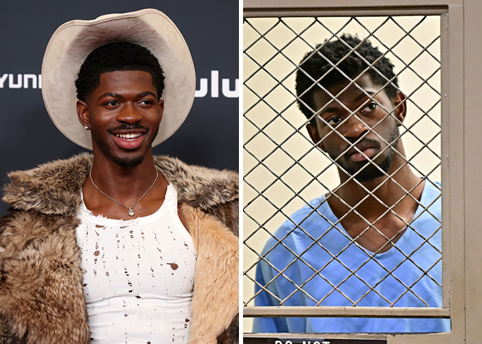 Split image of a male celebrity smiling at an event and the same celebrity in a jail uniform behind a chain-link fence, celebrity arrested.