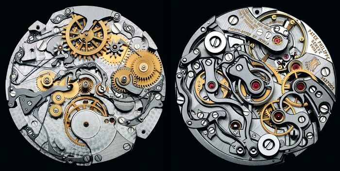 Close-up of intricate watch mechanisms showing the detailed insides of objects with gears and screws exposed.
