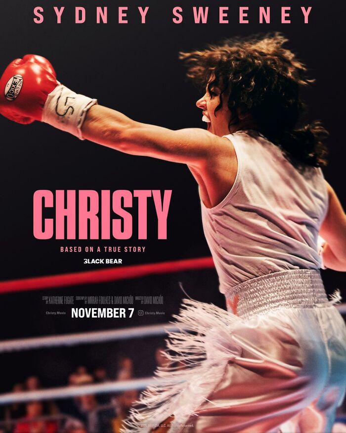 Sydney Sweeney boxing in motion, promotional image for Christy movie with focus on performance and PR damage control.