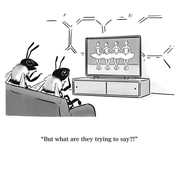 Two bees watching ballet dancers on TV with chemical formulas in the background, a witty one-panel cartoon.