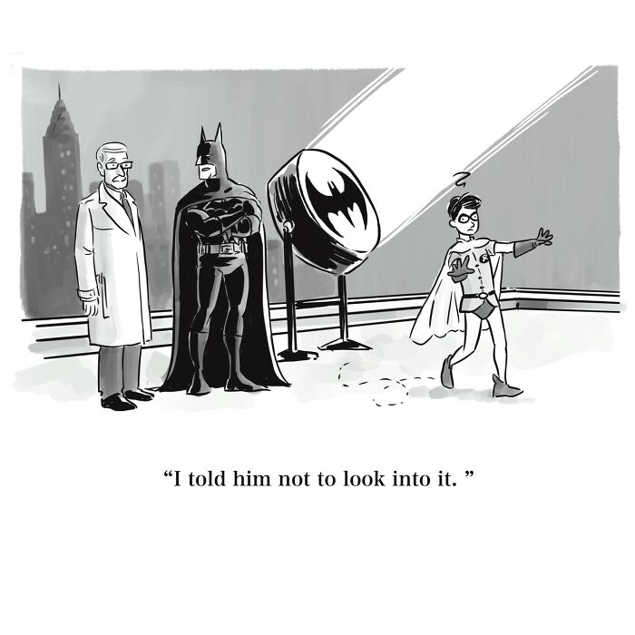 One-panel cartoon showing Batman, Robin, and a doctor with bat signal, illustrating a witty humorous scene.