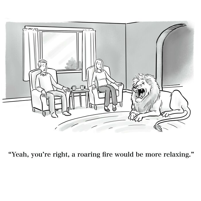 One-panel cartoon showing a couple sitting nervously near a roaring lion inside a living room for witty humor.