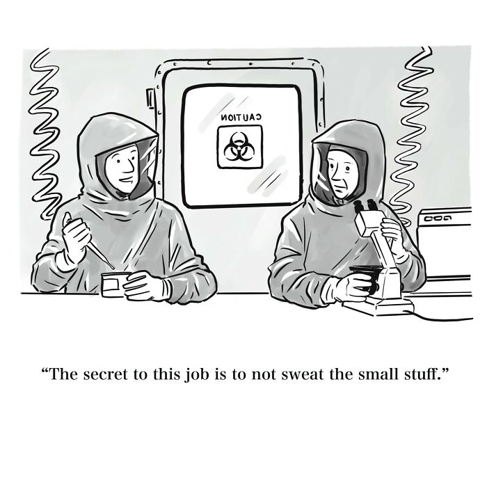 Scientists in protective suits working in a lab with a biohazard sign, shown in a witty one-panel cartoon style.