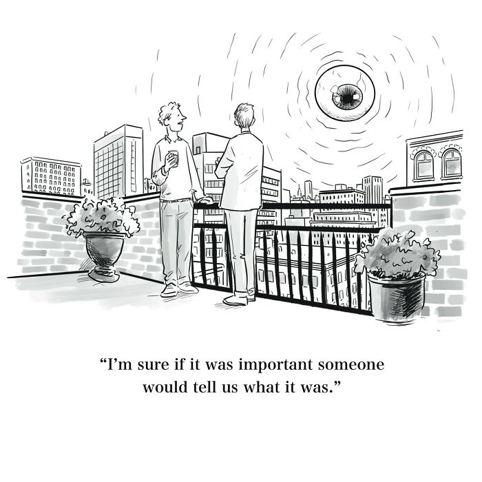 Two men on a rooftop overlooking city buildings, with a giant eye in the sky in a witty one-panel cartoon.