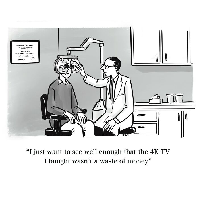 Black and white one-panel cartoon showing an eye exam with a humorous comment about 4K TV vision test.