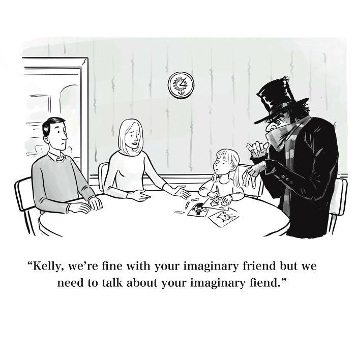Black and white one-panel cartoon showing a family discussing an imaginary fiend with a child at the table, capturing witty humor.