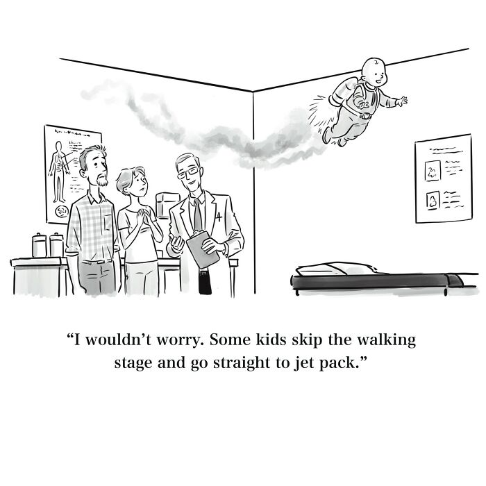 Black and white one-panel cartoon showing a baby flying with a jet pack in a doctor's office, witty humor.