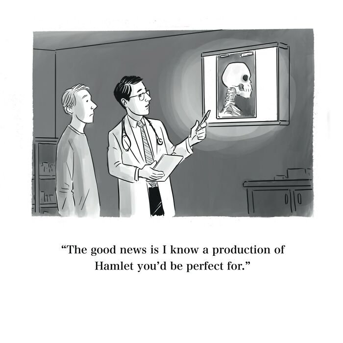 Cartoon of a doctor showing a skull X-ray to a patient with a witty caption about casting for Hamlet.