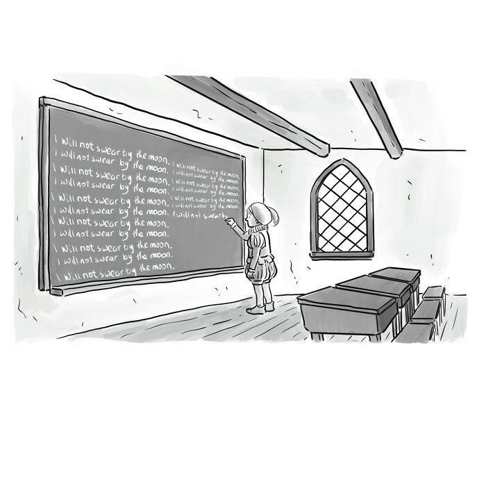One-panel cartoon of a child writing "I will not swear by the moon" repeatedly on a classroom chalkboard.