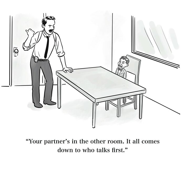 Black and white witty one-panel cartoon showing a detective questioning a small man in a chair about talking first.