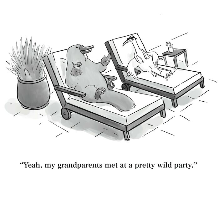 Cartoon of two birds lounging on chairs with one saying their grandparents met at a wild party in a witty one-panel cartoon.