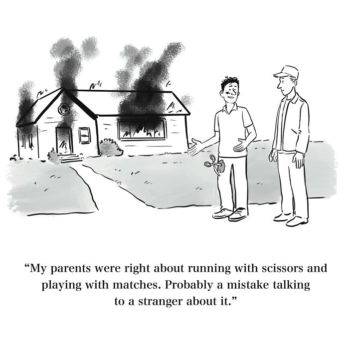 One-panel cartoon showing a burning house and a man confessing about matches and scissors to a stranger.