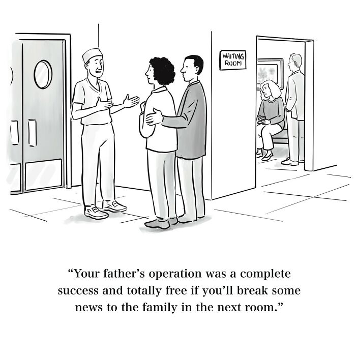 Doctor telling a couple their father’s operation was successful in a witty one-panel cartoon about family news.