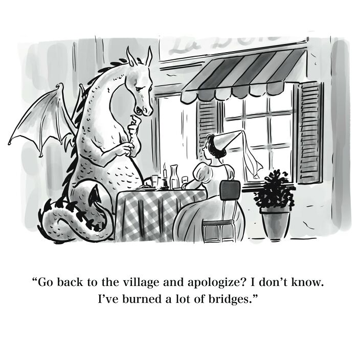 Black and white one-panel cartoon of a dragon and princess at a table, showing a witty cartoon perspective on humor.