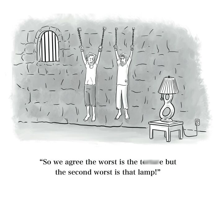 Cartoon of two prisoners chained to a dungeon wall complaining about a lamp, showcasing witty one-panel humor.