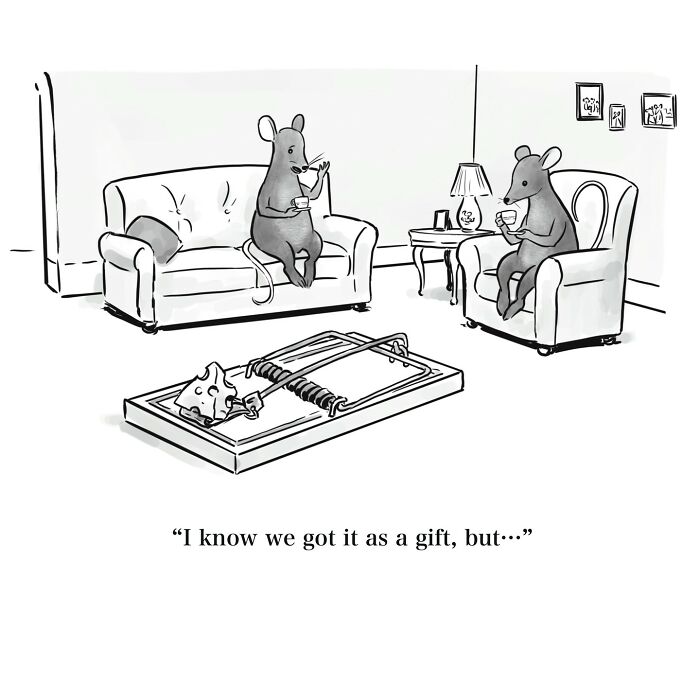 Two cartoon mice having tea in a living room with a large mousetrap on the floor, a witty one-panel cartoon.