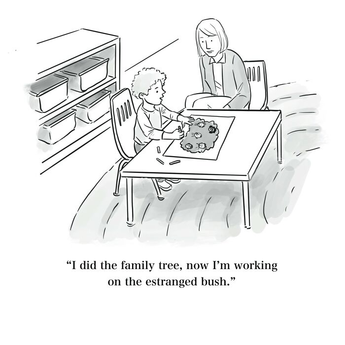Black and white one-panel cartoon showing a child drawing a family tree while an adult watches, with witty caption about estranged bush.