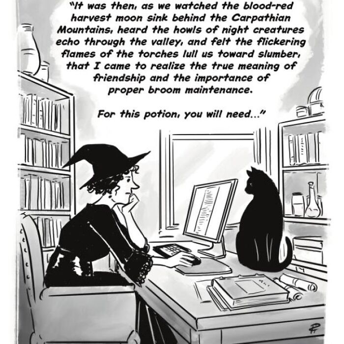 Black-and-white witty one-panel cartoon of a witch and black cat at a desk with spellbook and computer, combining humor with magic.