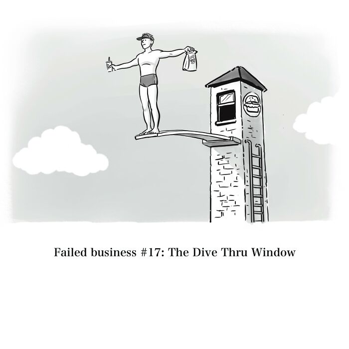 One-panel cartoon shows a man in swimwear diving off a tower holding a drink and bag, a witty take on fast food service.