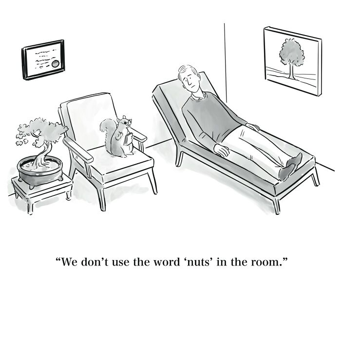 Black and white one-panel cartoon showing a man on a couch with a squirrel as his therapist in a humorous session.