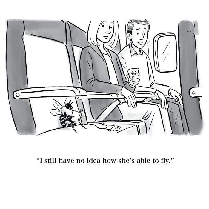 A one-panel cartoon showing two passengers surprised by a bee sitting on the airplane seat reading a book, witty humor.