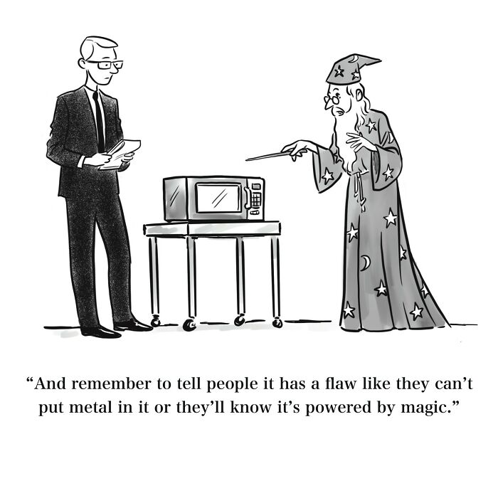 One-panel cartoon showing a wizard casting a spell on a microwave, humorously highlighting witty perspectives.