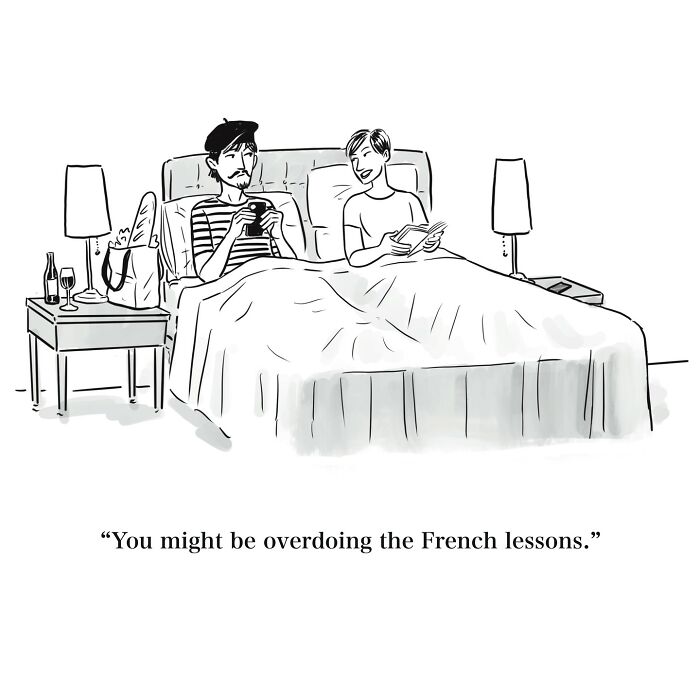 Witty one-panel cartoon showing a couple in bed with a humorous French lesson theme.