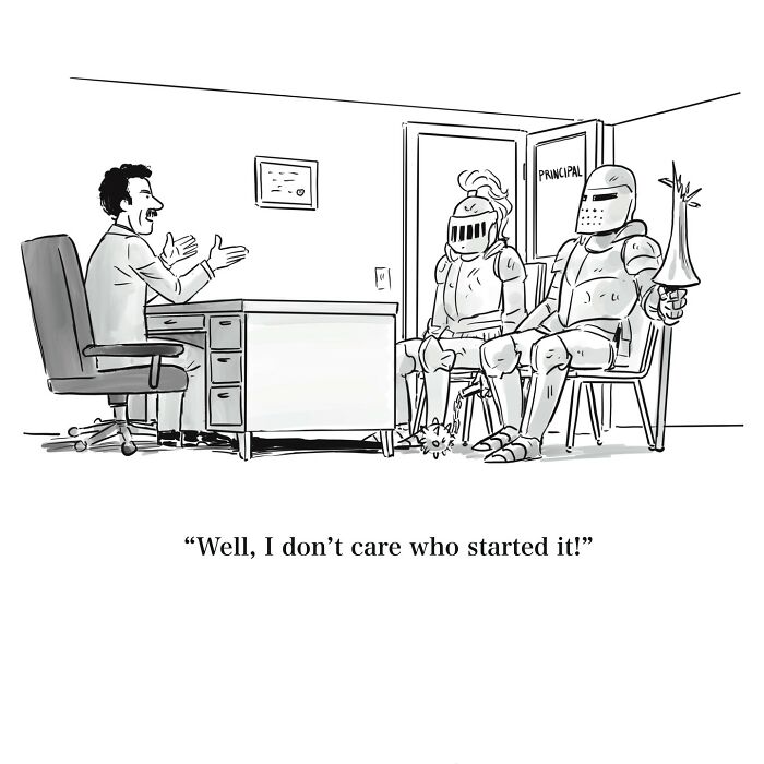 One-panel cartoon showing knights in armor sitting in a principal’s office, illustrating witty humor from a funnier angle.