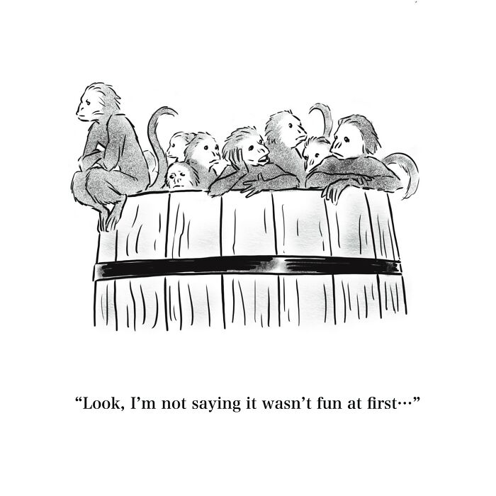 One-panel cartoon showing monkeys in a barrel with the caption about fun, illustrating witty humor and funny angles.