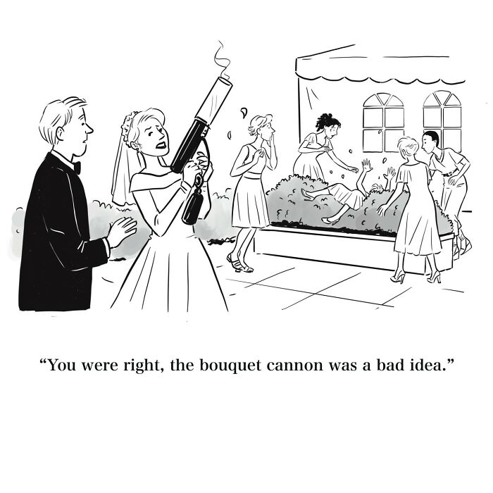 Bride holding a bouquet cannon at a wedding with guests falling into a bush, a witty one-panel cartoon with humor.