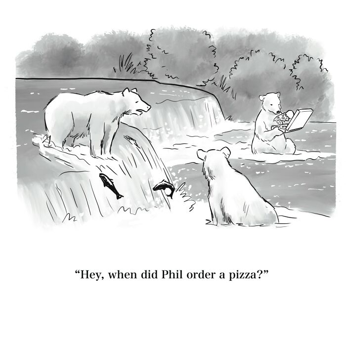 One-panel cartoon of bears by a waterfall with one bear holding a pizza box, showing a witty take on nature.