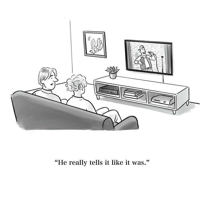 Two people watching a stand-up comedian on TV in a witty one-panel cartoon showing the world from a funnier angle.
