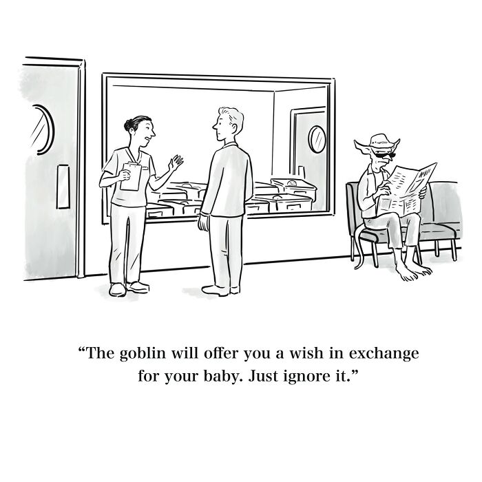 Black and white one-panel cartoon showing a nurse talking to a man in a nursery with a goblin reading a newspaper nearby.