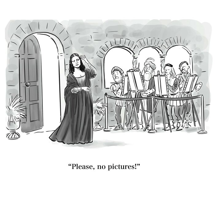One-panel cartoon showing a woman asking artists not to draw her in a witty and humorous style.