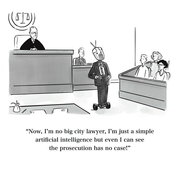One-panel cartoon showing a robot lawyer in court humorously highlighting witty perspectives on artificial intelligence cases.