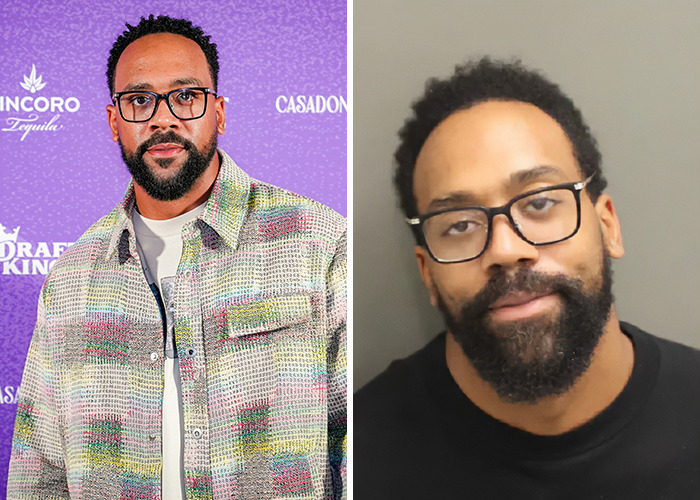 Actor wearing glasses and patterned shirt at event, shown alongside mugshot in a celebrity arrested in 2025 collage.