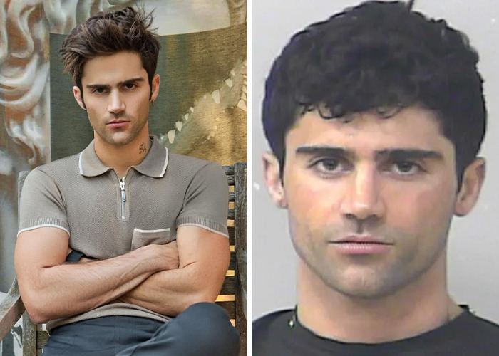 Image showing a young male celebrity in casual clothing and his mugshot related to celebrities arrested in 2025.