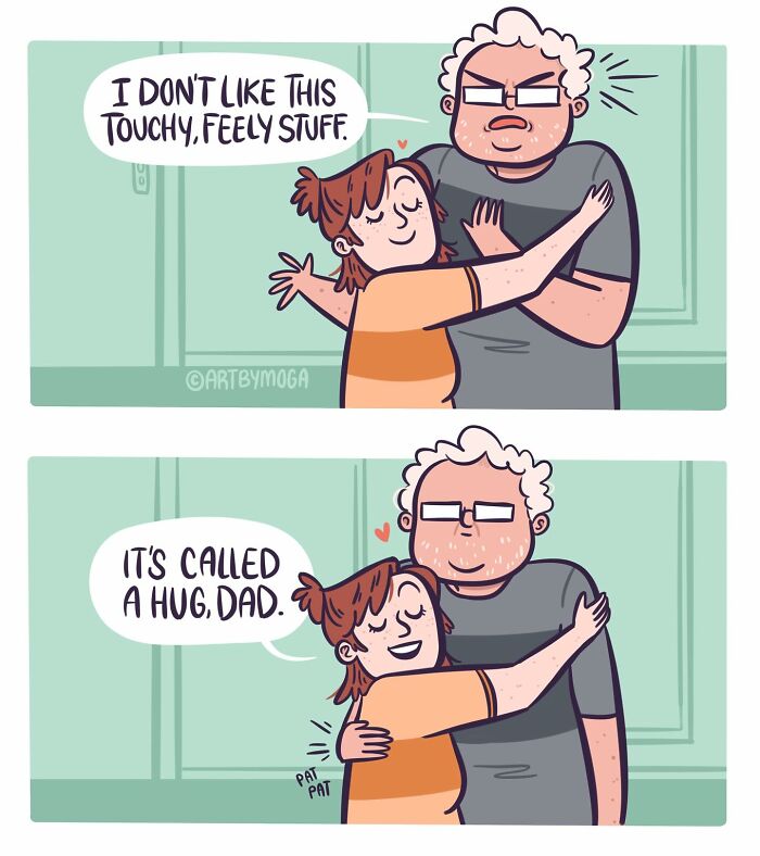 Comic showing a daughter hugging her reluctant dad, portraying everyday chaos and relationship moments with pets and family.